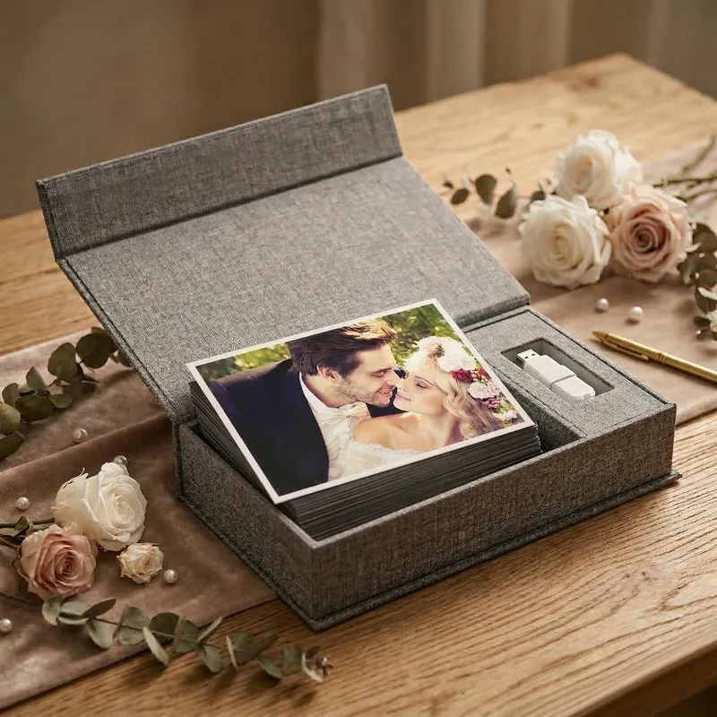 Látková krabička s fotografií svatebního páru a USB klíčem